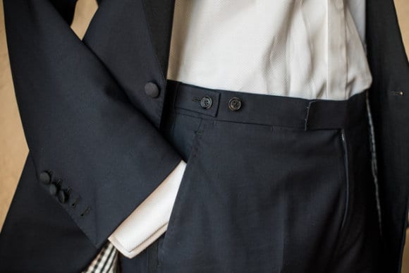 Slim Fit Dinner Suit Trousers with Side Adjusters in Navy | Hawes and Curtis